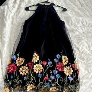 Never worn, black shift dress with floral stitching